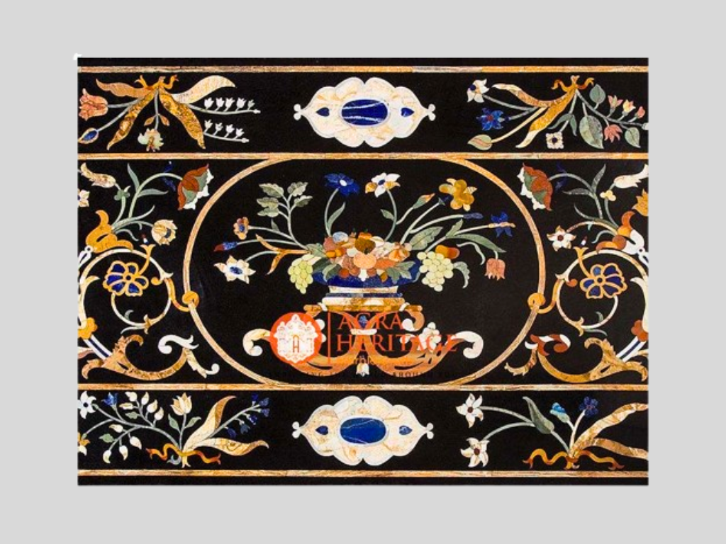 Black Marble Big Dining Table Top Pietra Dura Inlay Arts